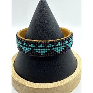Beaded Cuff Bracelet Turquoise & Black Geometric Pattern